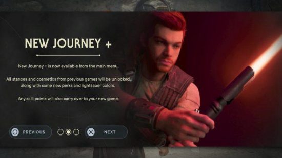 Star Wars Jedi Survivor New Game Plus: Cal can be seen with a lightsaber as the game lists the new game plus features