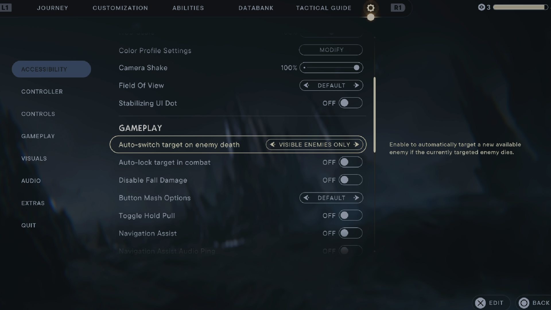 Star Wars Jedi Survivor Spiders: The option in the menu can be seen