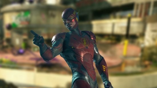 Suicide Squad kill the justice league release date: Flash from Suicide Squad game in front of a background of the city
