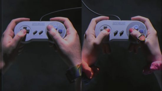 Super NES Classic Edition review image showing hands holding SNES controllers.