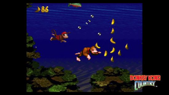 Super NES Classic Edition review image showing Donkey and Diddy Kong swimming in Donkey Kong Country.