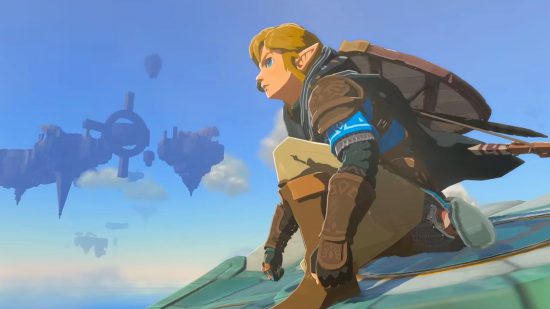 Tears of the Kingdom Nintendo Switch: Link kneeling on a floating object high in the sky. A floating cluster of rocks are in the background