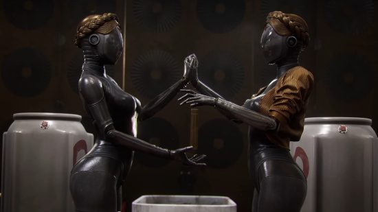 Xbox Game Pass launch games: Atomic Heart. Image shows two robots holding hands.