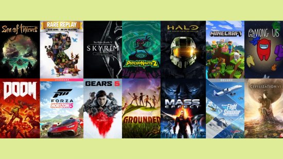 Xbox Game Pass games laid out, including Rare Replay, Mass Effect, Psychonauts 2, Halo: The Master Chief Collection, Forza Horizon 5, and more.