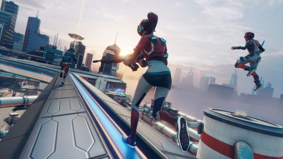 XDefiant Hyper Scape: A screenshot from Ubisoft's battle royale Hyper Scape, showing players holding guns running across a futuristic rooftop