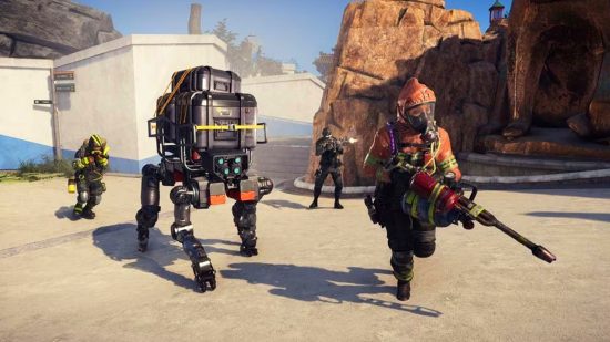 XDefiant Ubisoft Rainbow Six Siege: A team of players in XDefiant huddled around a four-legged robot