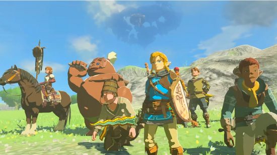Tears of the Kingdom Switch: Link stands with several Tears of the Kingdom characters