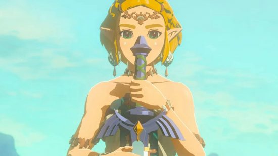Best Nintendo Switch games Tears of the Kingdom: Zelda holding the Master Sword, blade down, looking at it solemnly.