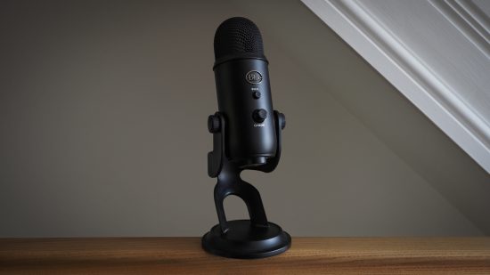 A hands-on image of the Blue yeti streaming microphone