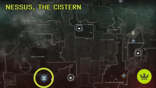Destiny 2 where to fish: A map showing the fishing location on Nessus.