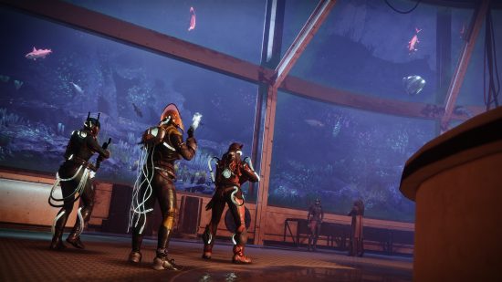 Destiny 2 fishing: Guardians inspecting an aquarium in the H.E.L.M.