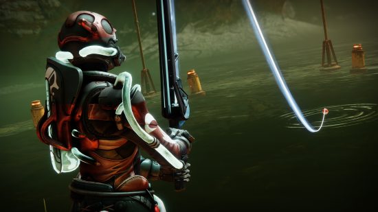 Destiny 2 fishing: A Hunter casting their bait into a fishing spot in the Throne World.