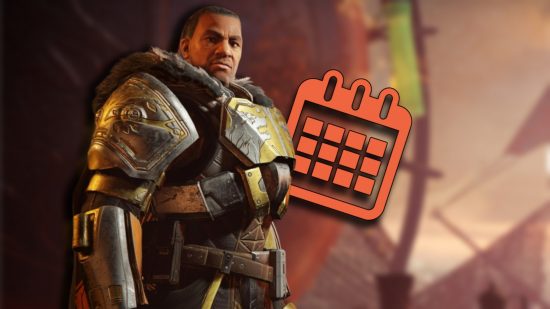 Destiny 2 Iron Banner schedule: Lord Saladin standing in front of the iconic Iron Banner stand in the tower. A calendar icon is next to him.