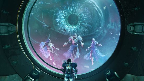 Destiny 2 Season of the Deep leaks: Sloane standing in front of a large glass window showing the sea. Three Guardians can be seen in the water, with a large eye behind them.