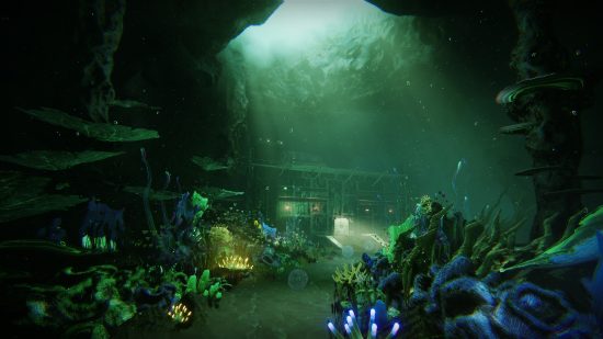 Destiny 2 Season of the Deep news: An image of the ocean floor of Titan in Destiny 2. Natural light shines from a cave opening at the top, revealing a sea base.