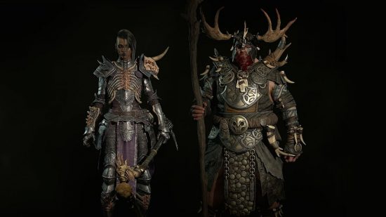 Diablo 4 Altar of Lilith locations: A Necromancer (left) and Druid (right) standing against a dark background.