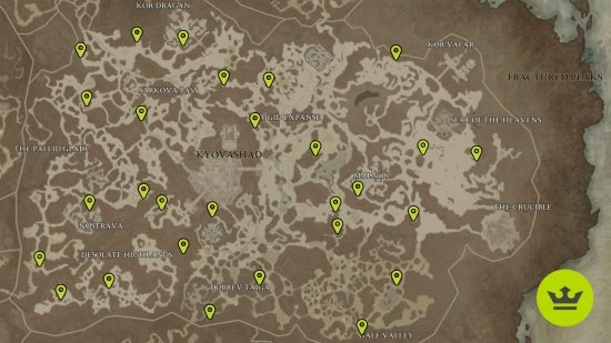 Diablo 4 Altar of Lilith locations: A map showing the Fractured Peaks Altar of Lilith locations.