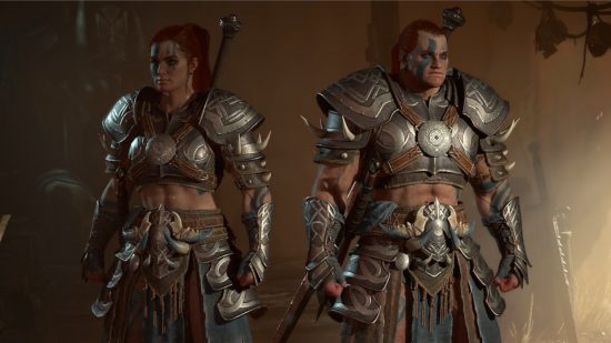 Diablo 4 armor sets: A male and female Barbarian standing.