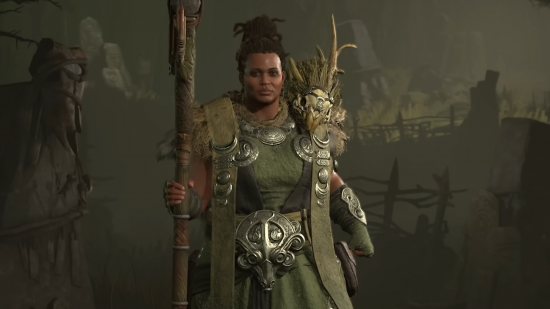 Diablo 4 armor sets: A female Druid standing in a marsh environment.