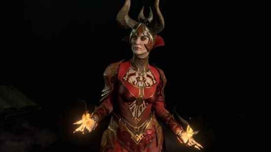 Diablo 4 armor sets: A female Sorcerer wearing a red armor set with horns.