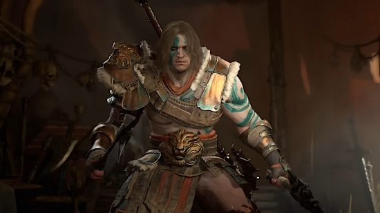 Diablo 4 Barbarian weapons: A male Barbarian holding two weapons at the ready.