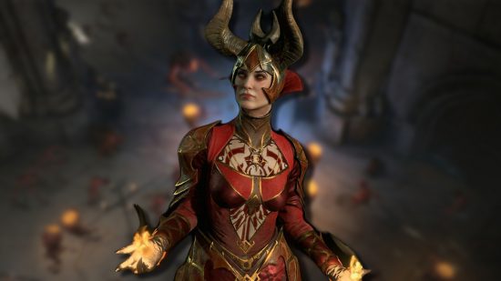 Diablo 4 battle pass: A female Sorcerer wearing red armor with horns against a blurred background of Diablo 4 gameplay.