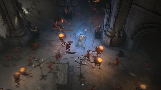 Diablo 4 battle pass: A Barbarian using a shout ability as a horde of monsters charges at them.