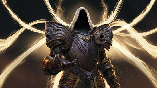 Diablo 4 characters: Artwork of Inarius. His golden tendril-like wings are out behind him.
