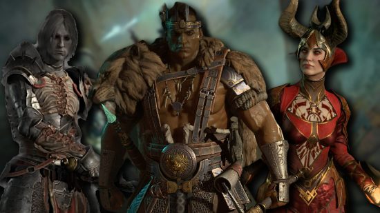 Diablo 4 classes: From left to right, a male Necromancer, male Barbarian, and female Sorcerer standing against a blurred background of the game.