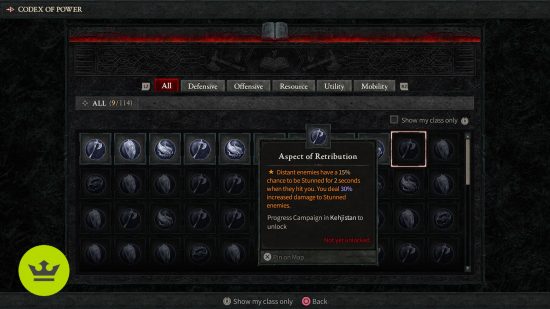 Diablo 4 dungeons: The Codex of Power menu displaying all the aspects you can earn in the game.