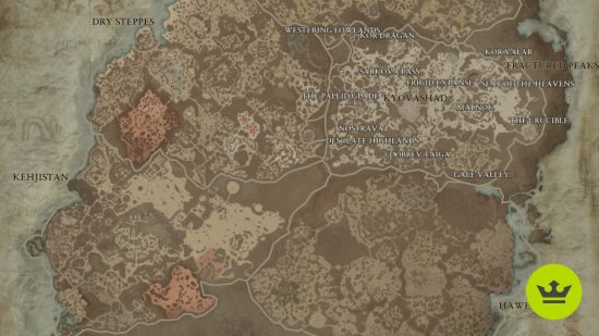 Diablo 4 Fields of Hatred: A map showing the possible Fields of Hatred locations in Sanctuary for PvP.