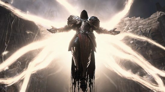 Diablo 4 characters: Inarius floating with his arms and golden tendril-like wings outstretched.