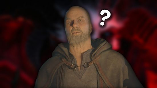 Diablo 4 Lorath Nahr voice actor: An image of Lorath from the shoulders up. A white question mark is in the top right, with a blurred image of Lilith in the background.