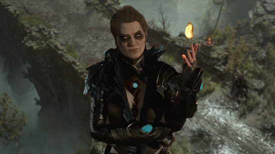 Diablo 4 lucky hit: A female Sorcerer holding a flame in her hand against a blurred background of gameplay.