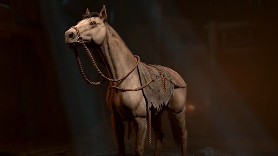 Diablo 4 mount: A standard greyish brown horse.