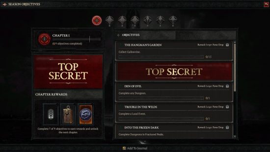 Diablo 4 Season 1 Season Journey: An image of the Season Journey menu, showing off some of the chapter objectives.