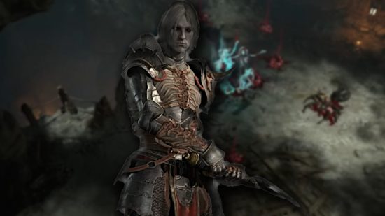 Diablo 4 tier list best class: A male Necromancer wearing dark metal armor and holding their scythe, against a blurred background of gameplay.