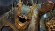 Diablo 4 world boss: Avarice looking upwards at an angle, holding their golden box while grinning. A blurred image of Ashava can be seen in the background.