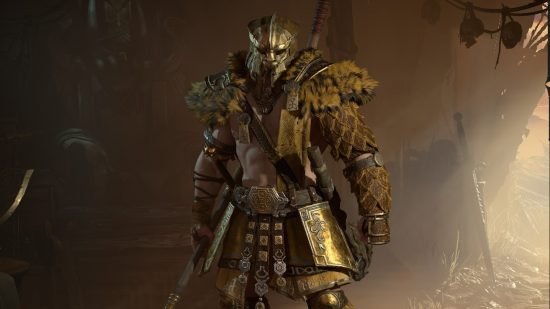 Diablo 4 world bosses, locations and spawn times: A Barbarian wearing some metal armor with fur shoulder pads.