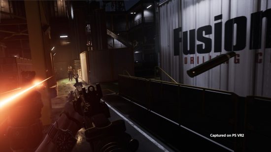Firewall Ultra gameplay: An image of gameplay showing a player aiming their weapon as a bullet flies past them.