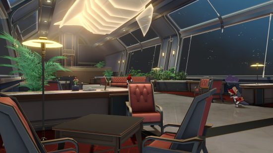 Honkai Star Rail Astral Express customisation: A seating area to the side of the main cabin. Himeko and Pom Pom can be seen in the background.