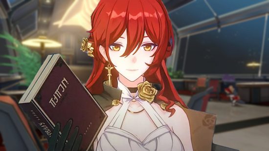 Honkai Star Rail tier list: Himeko holding a book in her right hand, a blurred image of the Astral Express cabin is in the background.