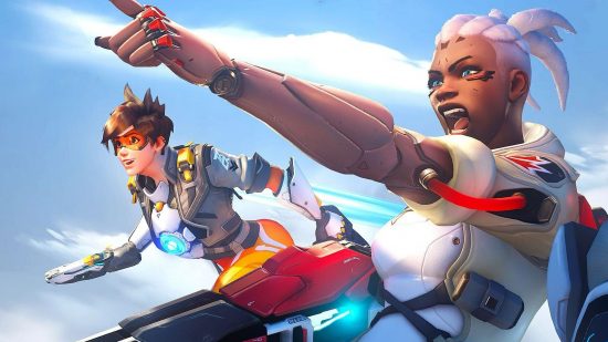 Overwatch 2 Season 5 release date: Sojourn pointing to the left, rallying the team, while Tracer dashes past in the background.