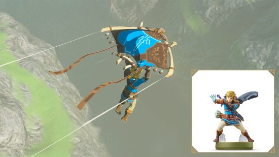 The Legend of Zelda Tears of the Kingdom amiibo rewards: An imagine showcasing the Champion's Tunic style paraglider fabric, with an image of the relevant Link amiibo in the bottom right.
