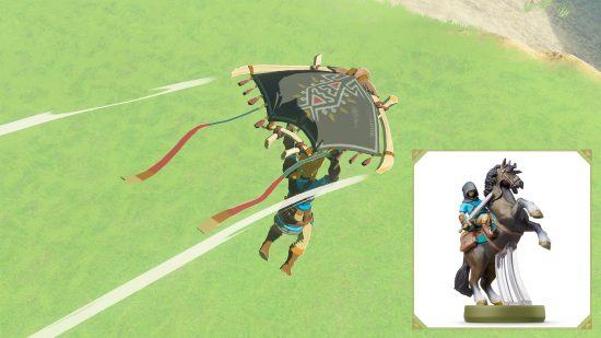 The Legend of Zelda Tears of the Kingdom amiibo rewards: An image showing the Hylian style paraglider fabric, with a smaller image of the relevant Link rider amiibo in the bottom right.