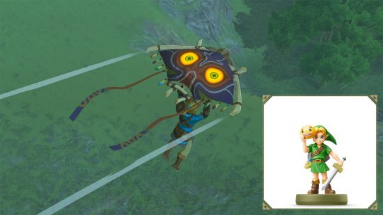 The Legend of Zelda Tears of the Kingdom amiibo rewards: An image showcasing the Majora's Mask style paraglider fabric, with a smaller image of the relevant amiibo in the bottom right.