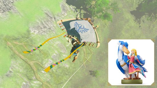 The Legend of Zelda Tears of the Kingdom amiibo rewards: An image showing the Zelda's Sailcloth style paraglider, with a smaller image of the relevant Zelda amiibo in the bottom right.