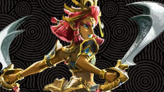 The Legend of Zelda Tears of the Kingdom companions: Artwork depicting Riju, Queen of the Gerudo, with her blades held out either side of her.