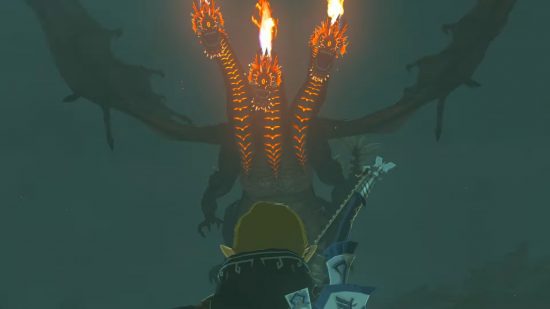 The Legend of Zelda Tears of the Kingdom bosses: Link facing down a flying Gleeok breathing flames at night time.