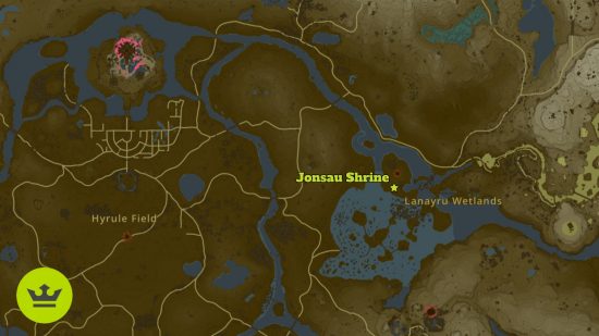 The Legend of Zelda Tears of the Kingdom Jonsau Shrine: A map showing the location of the Jonsau Shrine in the Lanayru Wetlands.